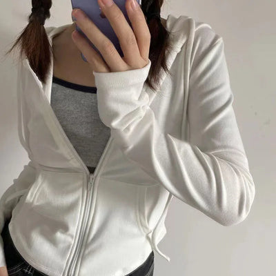 Lucyever Cropped Hooded Zip-Up Jacket Women Autumn New Slim Long Sleeve Y2K Sweatshirts Female Solid Streetwear Sports Hoodies - Smarsty