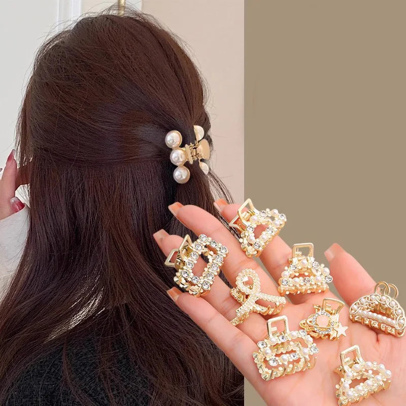 Mini Rhinestone Pearl Hair Claws For Women Sweet Geometric - Smarsty