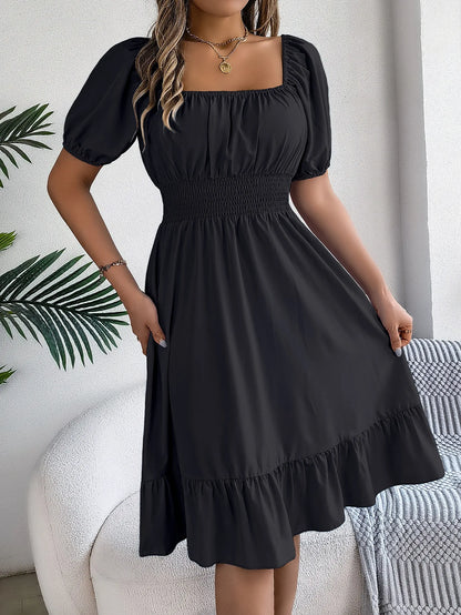 Women's MIidi Dresses 2024 Summer Casual Square Neck Short Sleeved Waist Ruffle Edge Dress Dress Women Elegant Платья Женские - Smarsty