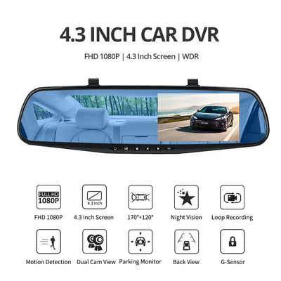 Dual Lens Dashcam With 4.3 Inch Rearview Mirror FHD 1080P - Smarsty