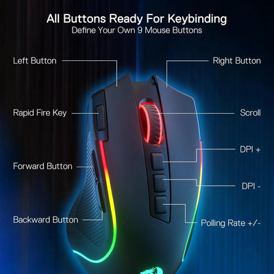 Redragon M612 PRO BT & 2.4RGB Gaming Mouse, 8000 DPI Wired/Wireless Optical Gamer Mice 11 Programmable Buttons & 6 Backlit Modes - Smarsty