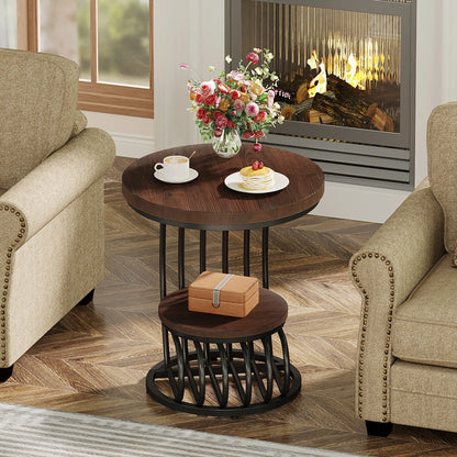 Tribesigns Gold Round End Table: 2 Tiers Faux Marble Side Table with Storage Shelf, Modern White Gold Bedside Nightstand