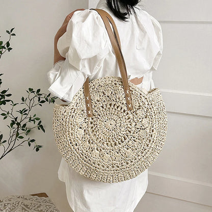 Round Straw Beach Tote for Women Large Capacity Bag - Smarsty