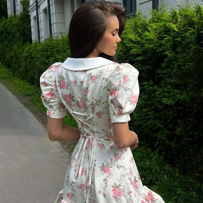 Tornova Print Puff Sleeves Ruffled Dress Women's V-Neck High Waist Pearl Buttons Mini Dress Female Casual Vacation Fashion Dress - Smarsty