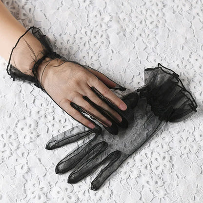 Women Lace Tulle Gloves Stretchy Full Finger Wedding Gloves - Smarsty