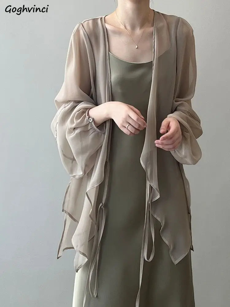 Shirts Women V-neck Loose Long Sleeve Open Stitch Korean Style Lace-up Simple Solid Summer Chiffon Breathable Minimalist Stylish - Smarsty