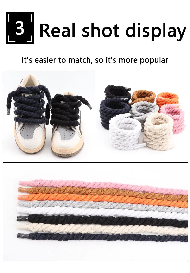 Quality Round Shoelaces Colorful 1CM Thicker Cotton Shoelace Running Sneakers Laces 1Pair 100/120/140CM Boots Shoe laces Shoes