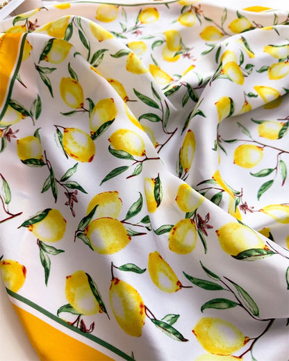 Summer Satin Neck Scarf for Women with Bright Lemon Print - Smarsty