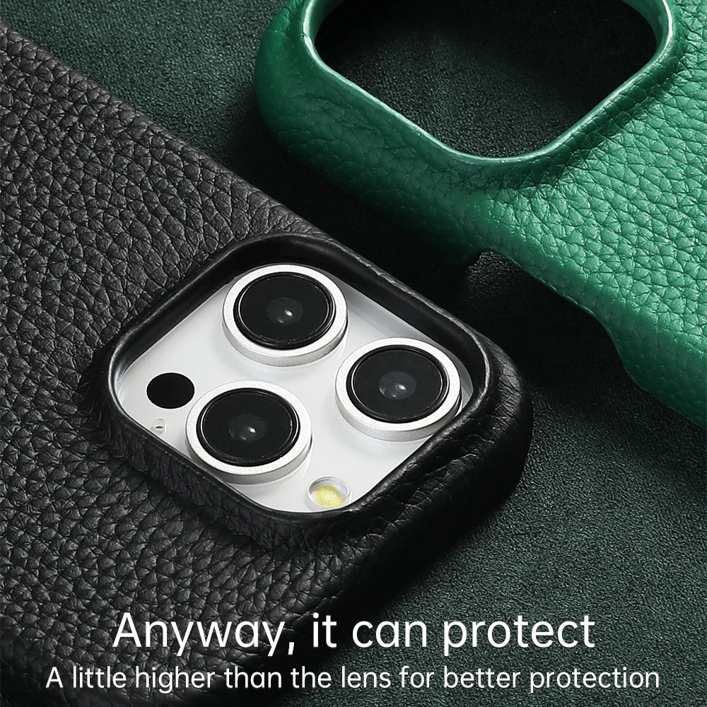 MagSafe Leather Case Natural Cowhide Lychee Finish Premium for iPhone 15, 16, 17 - Smarsty