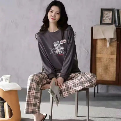 Spring and Autumn New Ladies Pajamas Homewear Set of Long-Sleeved Autumn and Winter Homewear Women Plus Size Pajamas Set - Smarsty