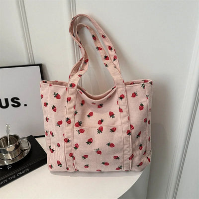Corduroy Handbag Strawberries Beach Tote Large Capacity - Smarsty