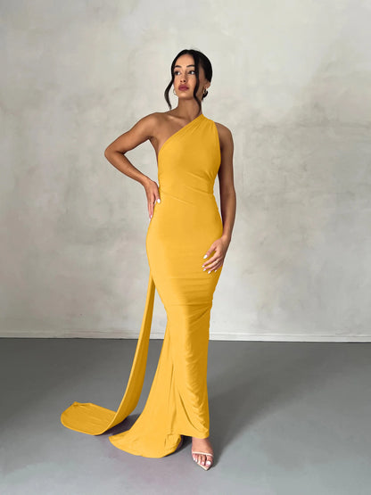 Hugcitar One Shoulder Backless Adjustable Scarf Loop Ruched Sexy Maxi Dress Women Elegant Y2K Streetwear Festival Outfit - Smarsty