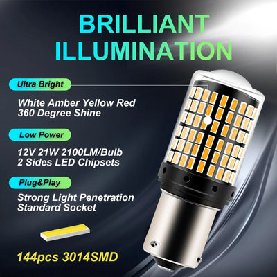 2pcs 1156 BA15S P21W BAU15S PY21W T20 7440 W21W 3157 1157 P21/5W W21/5W LED Bulbs 144smd Led 95% CanBus Lamp Turn Signal Light - Smarsty