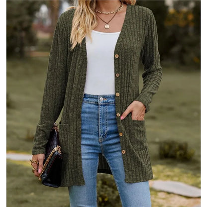 Autumn New Women's Milled Pit Stripe V-Neck Solid Colour Button Long Sleeve Ladies Casual Extensions Cardigan Jacket Coat - Smarsty