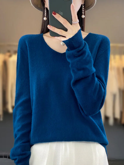 Fashion100% Merino Wool Sweater Cashmere  Pullover Women Knitwear V-Neck Long Sleeve  Autumn Winter Fashion Basic Clothing  Tops - Smarsty
