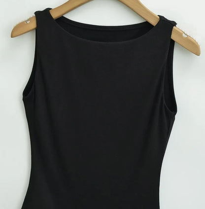 Women Double Layer Boat Neck Soft Slinky Tank Top