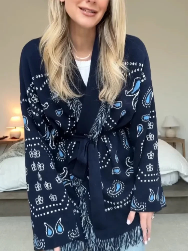 Tassel Patchwork Printed Cardigan Women Geometric Patterns Belts V-neck Long Sleeve Knitted Street Lady Sweater 2025 Autumn Coat - Smarsty