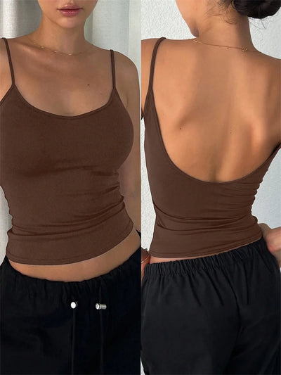 Women Backless Cami Crop Top Summer Solid Color Casual Sleeveless Top Streetwear Y2K Clothes - Smarsty