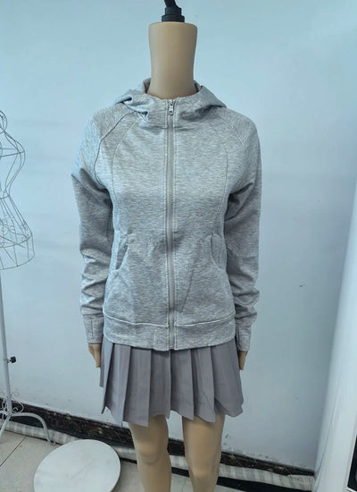 Gray Zipper Hooded Sweatshirt Women 2025 New Korean Slim Fit Cardigan Long Sleeve Coat Woman Solid Pockets Sports Hoodies Jacket - Smarsty