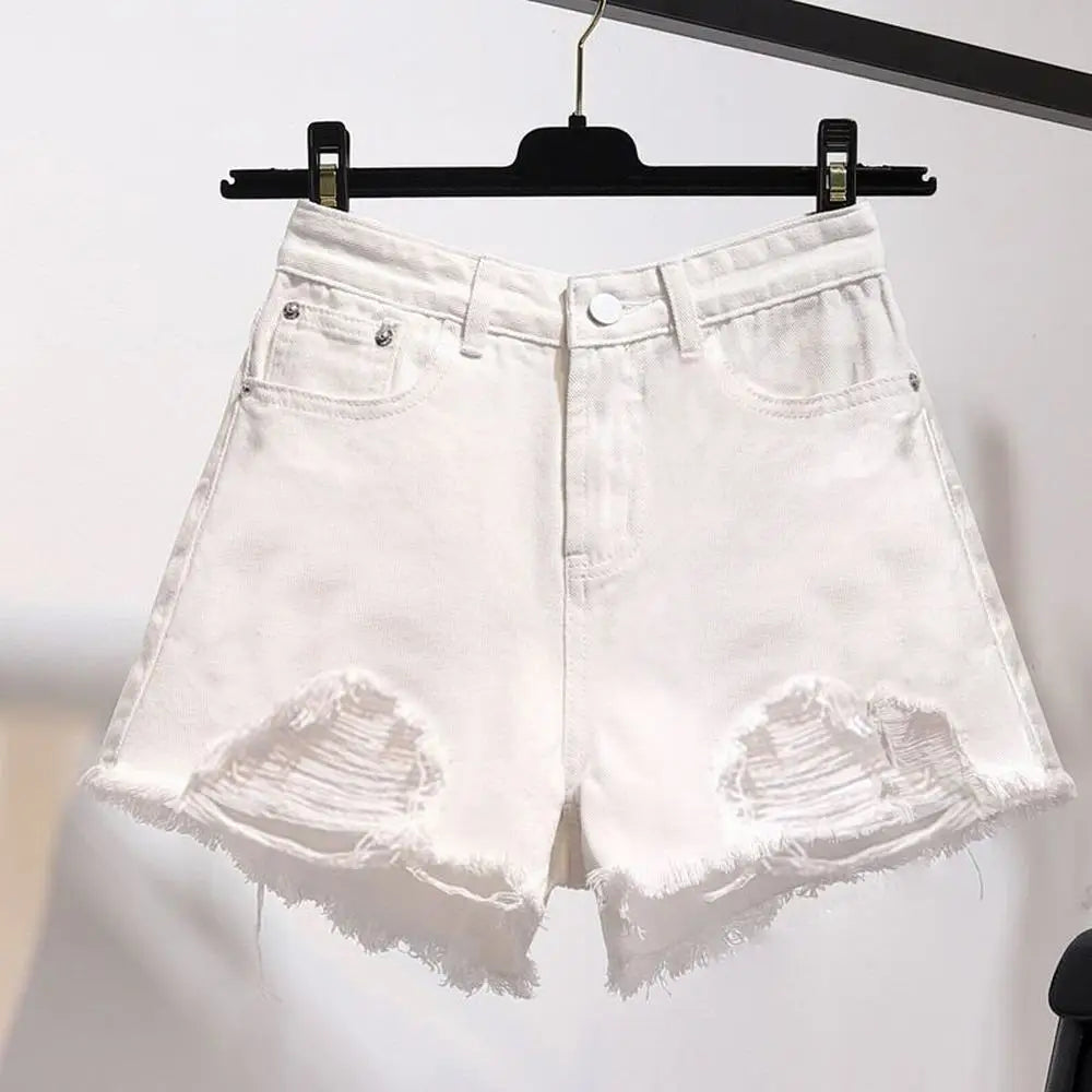 Summer Women's Cowboy Shorts Korean High Waist Casual Denim Shorts Pocket Tassel Perforated Ripped Holes Y2K Girls White Jeans - Smarsty
