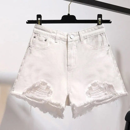 Summer Women's Cowboy Shorts Korean High Waist Casual Denim Shorts Pocket Tassel Perforated Ripped Holes Y2K Girls White Jeans - Smarsty
