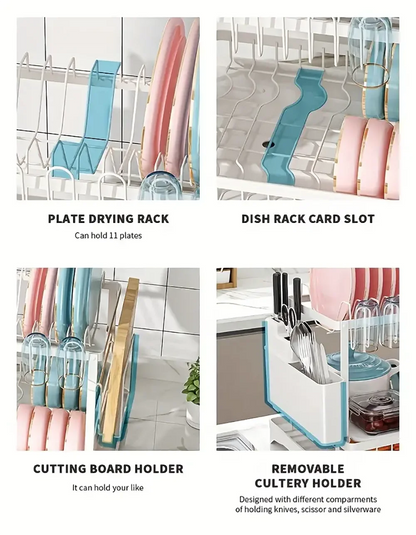 Dish Drying Rack, 2 Tier Large Dish Drying Rack for Kitchen Counter with Drainboard Stainless Steel Dish Drainer for Dish&Cup