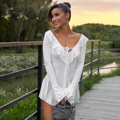Tossy Ruffled Lace-Up White Mini Dress Women's V-Neck Patchwork Long Sleeve Sexy Slim Dress Bandage Elegant Female Summer Dress - Smarsty
