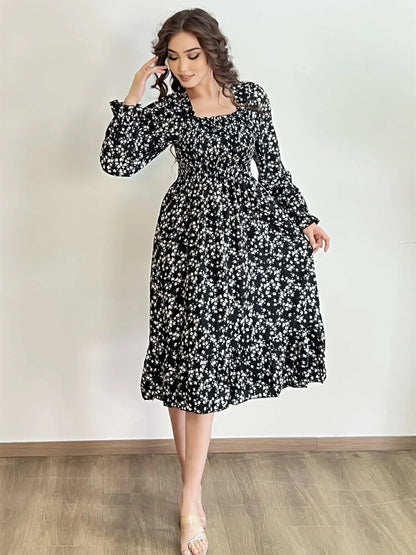 Long Sleeve Casual Dress Women Chiffon Dresses Autumn Spring A-line Printed Floral Elastic Chest Lace Up Midi Dresses Vestidos - Smarsty