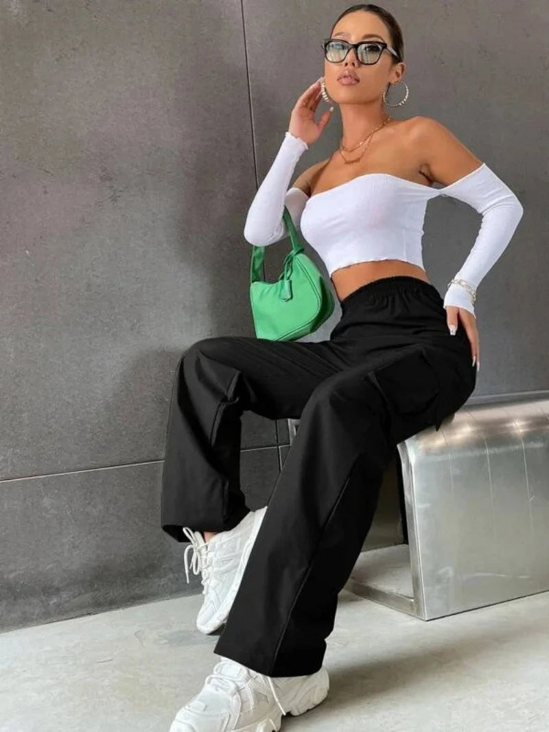Fashion Women Baggy Joggers Pants Casual Communte Female Chic Straight Cargo Pant Elastic High Waist Elegant Oversized Trousers - Smarsty