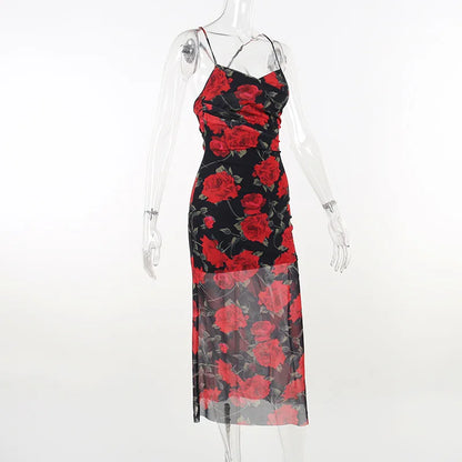 Flowers Print Spaghetti Strap Dresses Women Temperament Package Hip Bodycon Long Dress Fashion Sexy Backless Lady Slim Vestidos