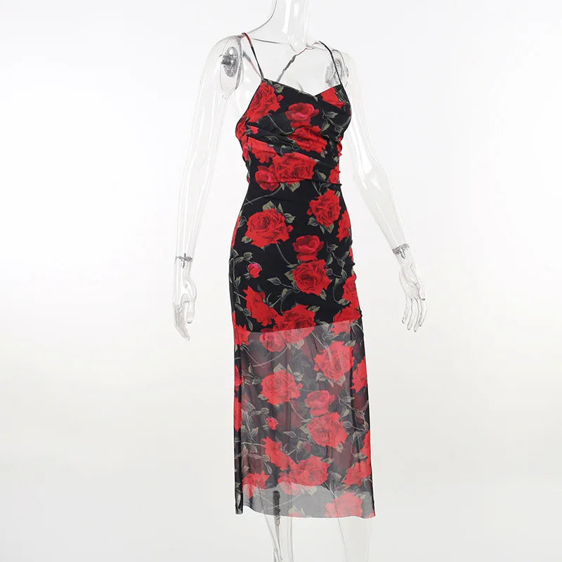 Flowers Print Spaghetti Strap Dresses Women Temperament Package Hip Bodycon Long Dress Fashion Sexy Backless Lady Slim Vestidos
