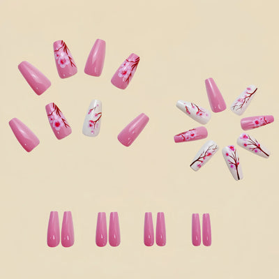 24 Piece Medium Long Fake Nails with Peach Flower Design - Smarsty