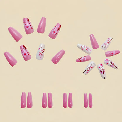 24 Piece Set Medium Long Press On Nails with Peach Flower Design - Smarsty