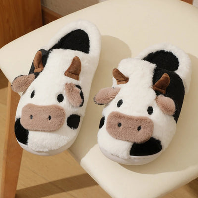 Winter Home Slippers for Couples Warm Plush Neutral Cartoon Cow Indoor Anti Slip Comfortable Cotton Slippers for Men and Women - Smarsty