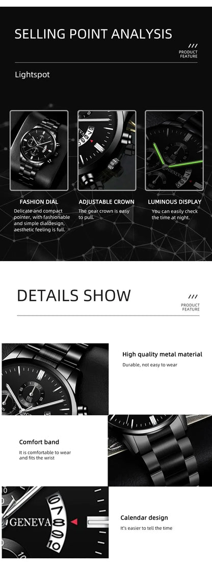Luxury Black Stainless Steel Quartz Watch for Men - Smarsty