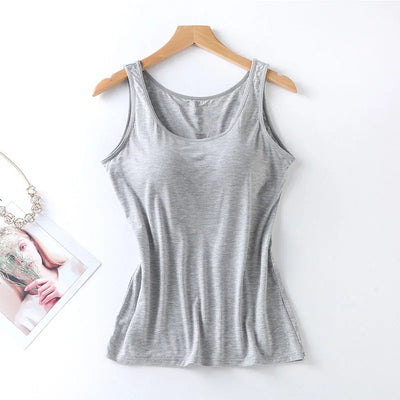 2023 Women's Vest Tops with Built In Bra Neck Vest Solid Color Padded Slim Fit Tank Tops Sexy Shirts Feminino Casual Tank Tops - Smarsty