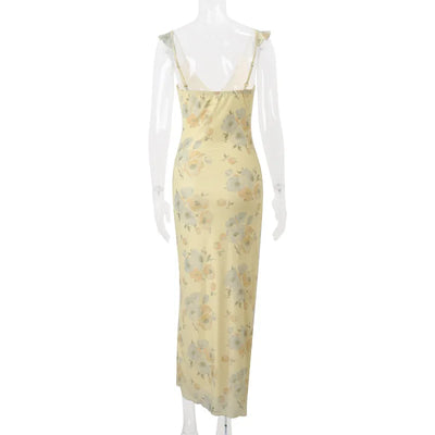 Cryptographic Summer Floral Print Plunge Maxi Dress Outfits Sexy Backless Fairy Sun Dresses Vacation Beachwear Vestido Coquette - Smarsty