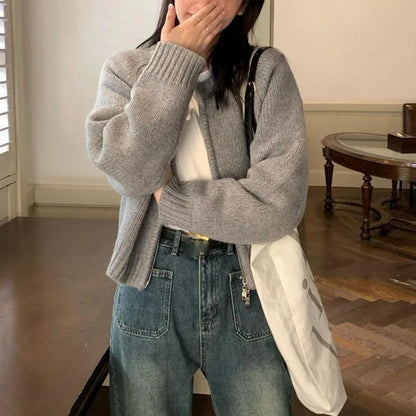 Autumn Winter Short Knitting Cardigan Women Solid Color Long Sleeve Round Neck Sweater Jacket 2025 Casual Zipper Sweater Coats - Smarsty