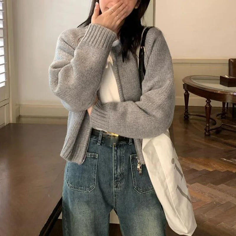 Autumn Winter Short Knitting Cardigan Women Solid Color Long Sleeve Round Neck Sweater Jacket 2025 Casual Zipper Sweater Coats - Smarsty