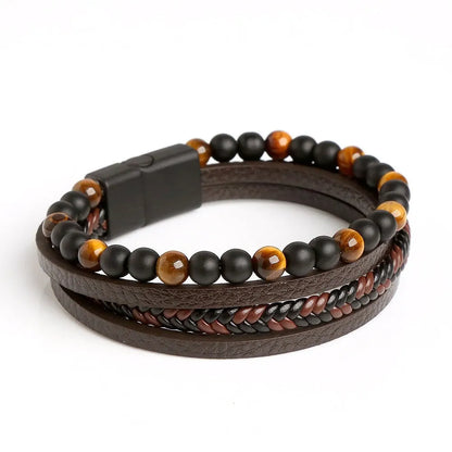 Men Leather Bracelet Multi Layer Tiger Eye Beaded Design - Smarsty