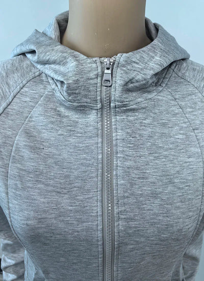 Gray Zipper Hooded Sweatshirt Women 2025 New Korean Slim Fit Cardigan Long Sleeve Coat Woman Solid Pockets Sports Hoodies Jacket - Smarsty