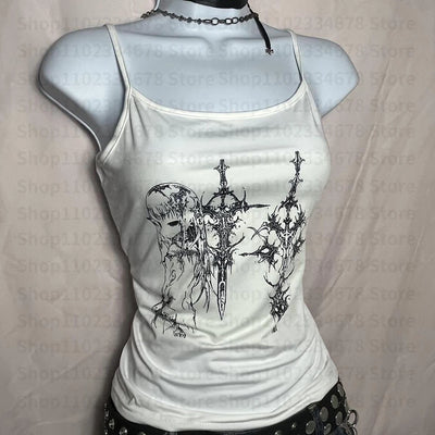Y2k Style Aesthetic Sweet Sexy Tank Tops Women Sleeveless Casual Cartoon Print Tanks Harajuku All Match Cropped Grunge Emo Girls - Smarsty