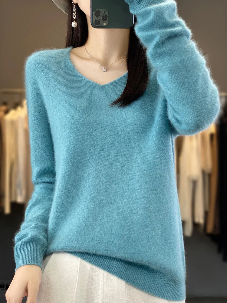 Fashion100% Merino Wool Sweater Cashmere  Pullover Women Knitwear V-Neck Long Sleeve  Autumn Winter Fashion Basic Clothing  Tops - Smarsty