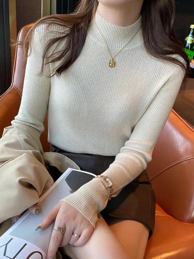 Autumn Winter Mock Neck Women Sweater Vintage Basic Solid Knitted Korean Tops Casual Slim Pullover Sweaters Simple Chic Jumpers - Smarsty