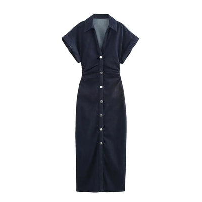 ETJ 2025  Spring New 1975 series denim MIDI dress with lapel side zipper fashion wrinkle waist slim elegant dress - Smarsty