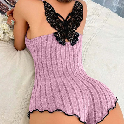 Women's Suspenders Lace Trim And Bow Design Pajamas Sleeveless V-Neck Pajamas Set Sleepwear Suit Sexy Solid Home Clothes Summer - Smarsty
