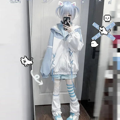 Girls Stitch Woman Clothing Subculture Japanese Hoodie Blue White Autumn Woman Sweatshirts Zipper Winter y2k Clothes Hoodies - Smarsty