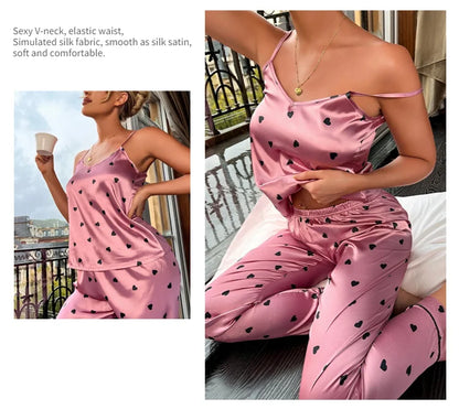 Women Satin Silk Pajamas Sets Letter Print Cami Vest Shirt With Trouser Sleepwear Ladie Sexy Pajama Lingerie Pyjamas Nightwear - Smarsty