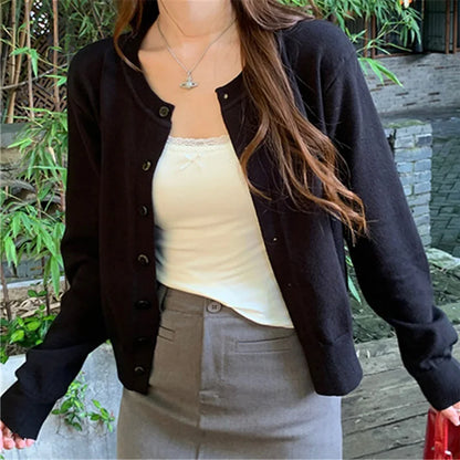 Women's Long Sleeve 2025 Cardigan O Neck Button Down Knit Lady Autumn Spring Knitted Single-breasted Cardigan Sweaters - Smarsty