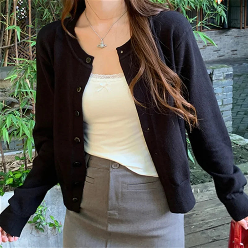 Women's Long Sleeve 2025 Cardigan O Neck Button Down Knit Lady Autumn Spring Knitted Single-breasted Cardigan Sweaters - Smarsty